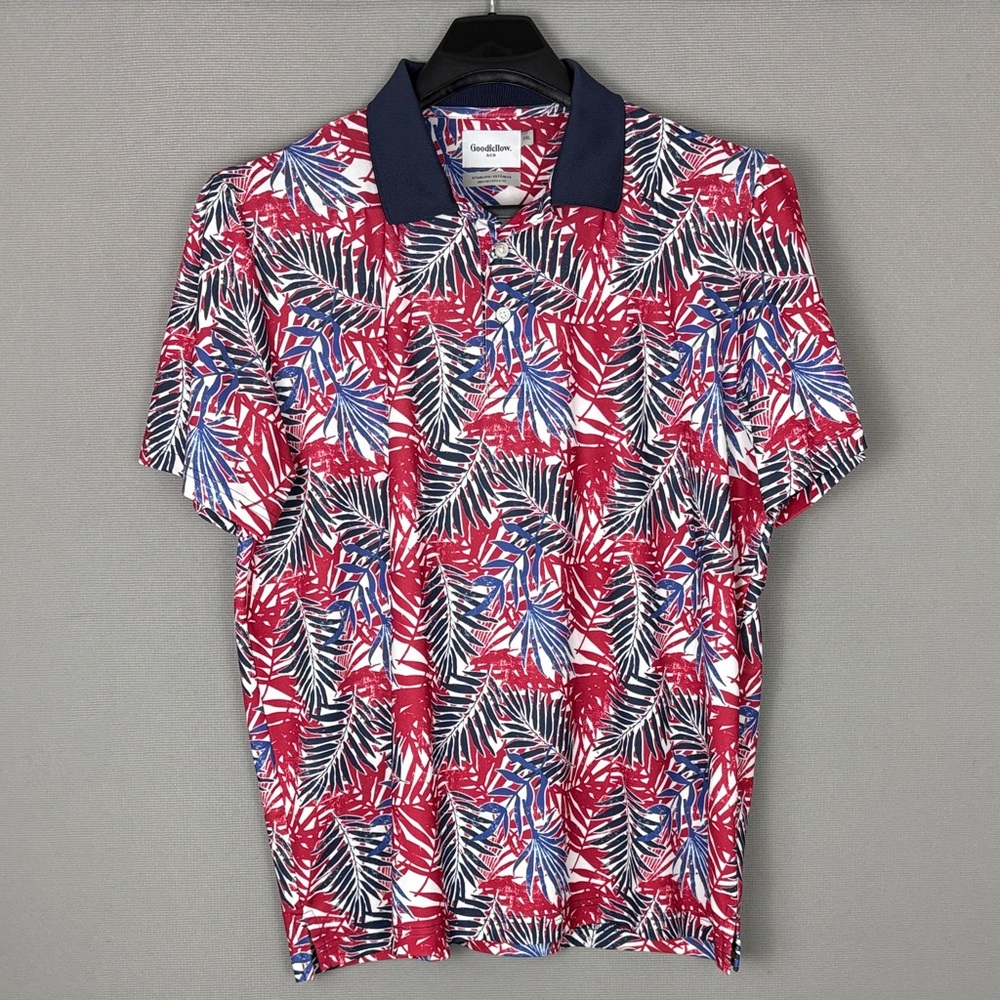 Goodfellow & Co Red, Navy & White Tropical Leaf Polo